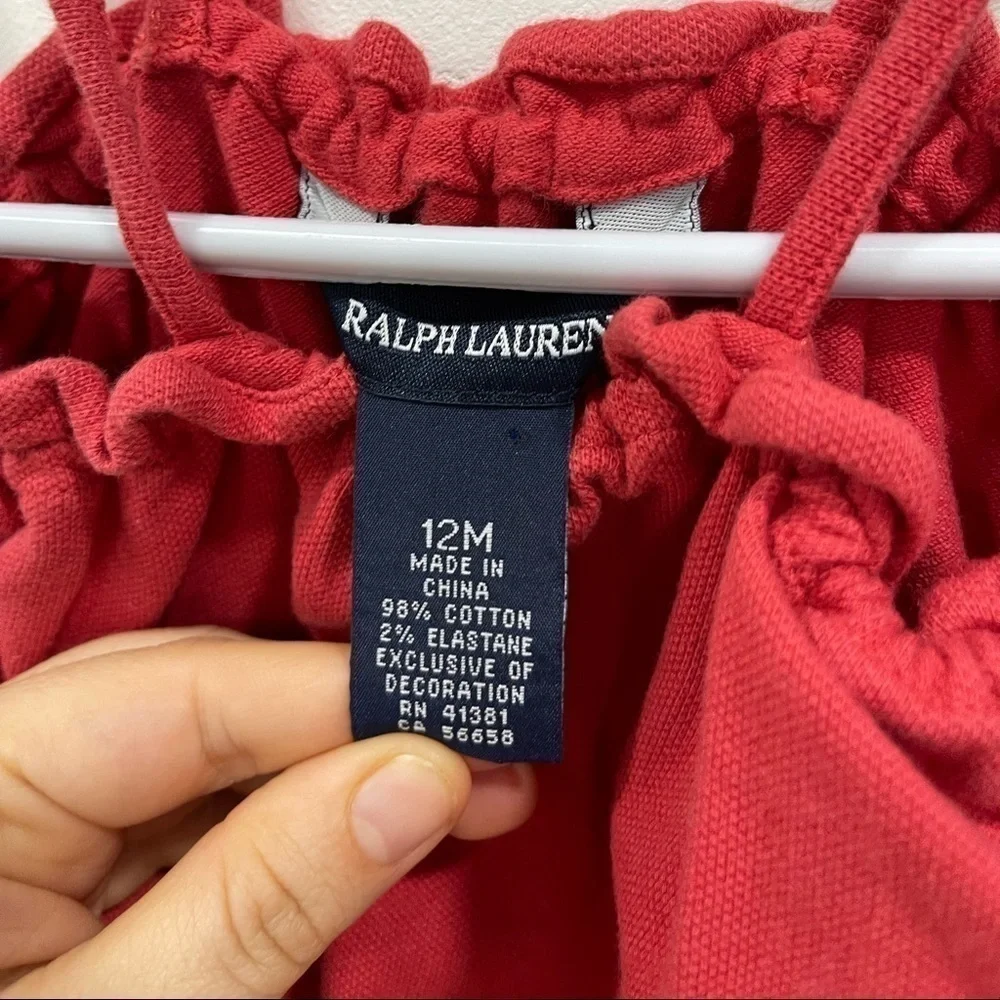 Ralph Lauren Ruffle Trim Tie-Sleeve Romper Onesie Red Cotton 12 month